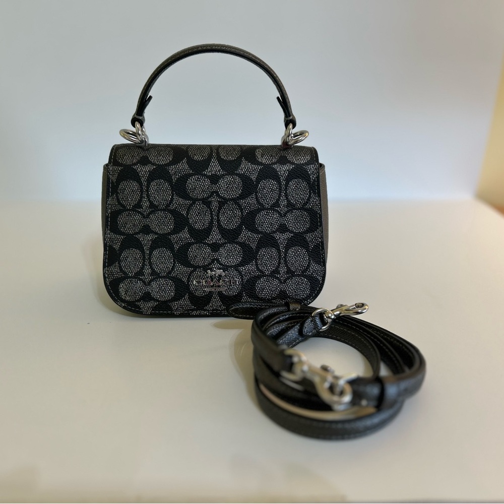 Coach top handle bag crossbody in signature design black and silver. - Picture 3 of 9